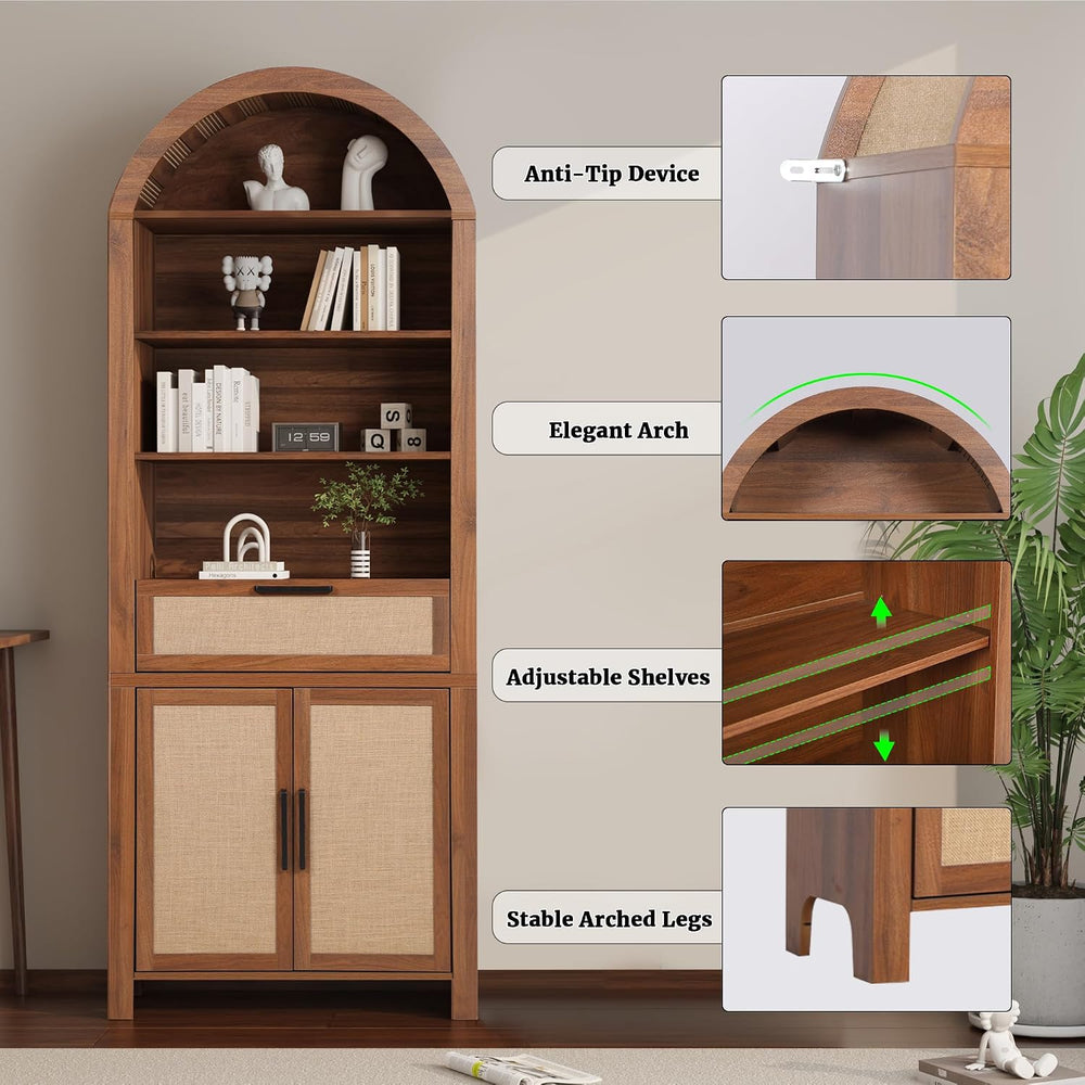 Janmer Home 79" Tall Arched Bookcase Cabinet with Doors, Walnut,Rattan