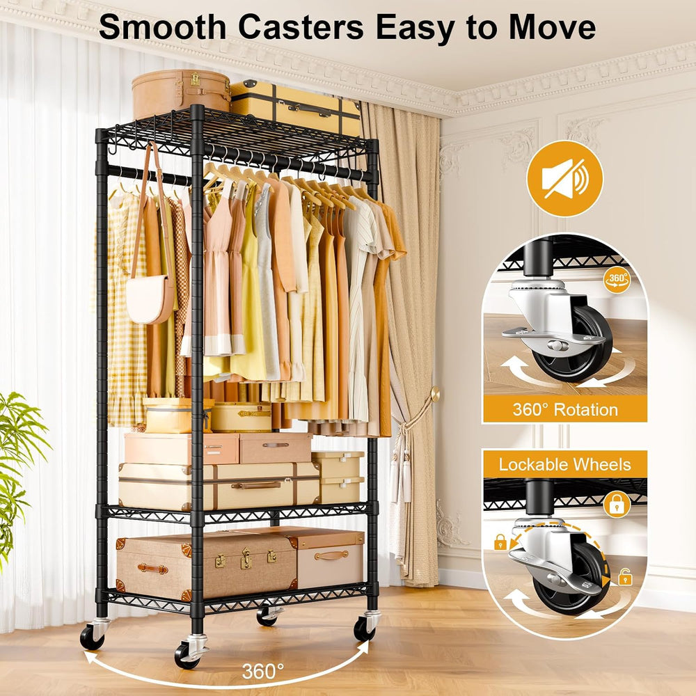 ULIFHOME Clothes Rack, Rolling Clothing Racks for Hanging Clothes, Black