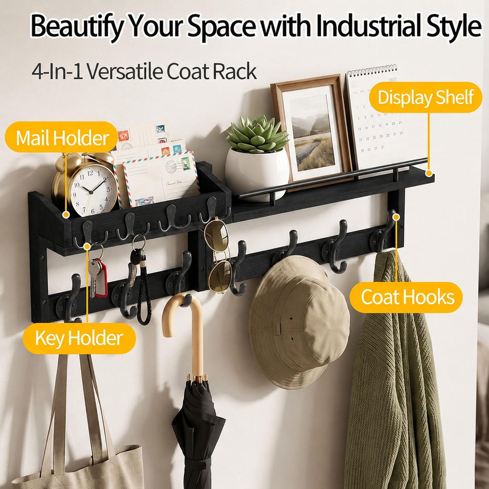 29” Coat Rack Wall Mount with Shelf, Coat and Key Hanger with Metal Hooks