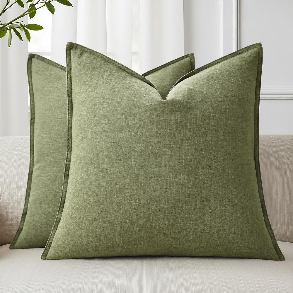 decorUhome Fall Olive Green Linen Throw Pillow Covers 22x22 Set of 2