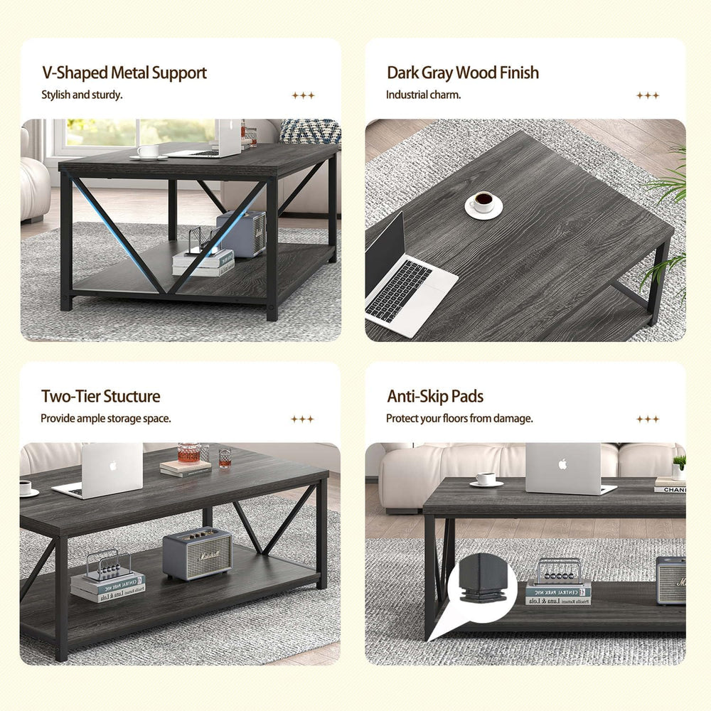 FOLUBAN Industrial Coffee Table with Storage Shelf, Modern Rustic Wooden and ...