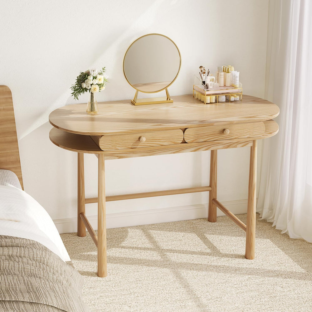 48in Solid Wood Desk - Oval-Shaped Double-Top Dressing Table, Ash