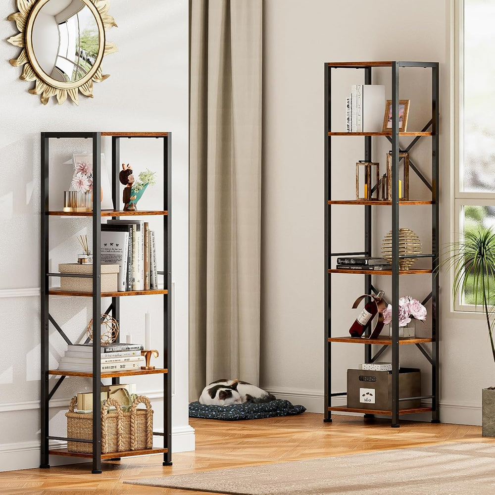 Furologee 5 Tier Bookshelf, Narrow Bookcase, Metal Book Shelf, Rustic Brown