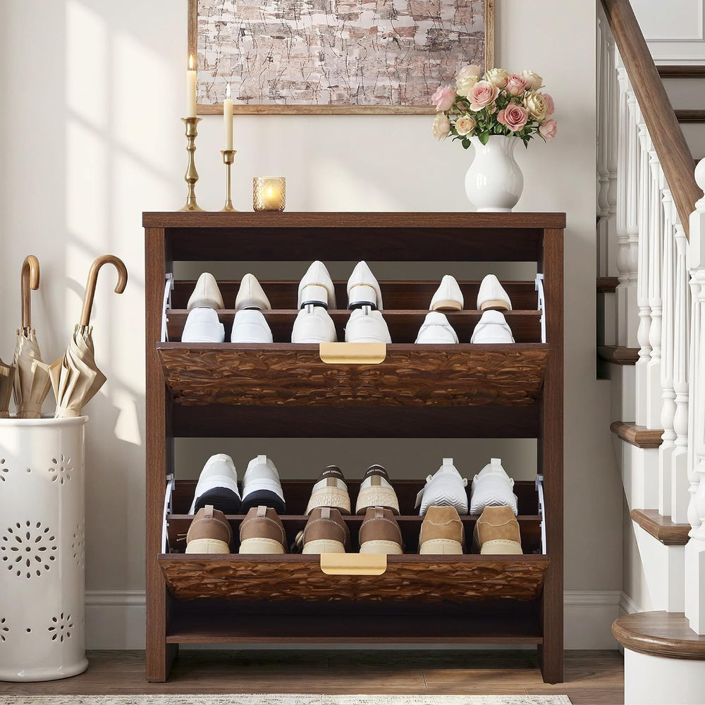 Shoe Cabinet with Flip Drawers, Narrow Shoe Storage Cabinet, 2-Tier Hidden Sh...