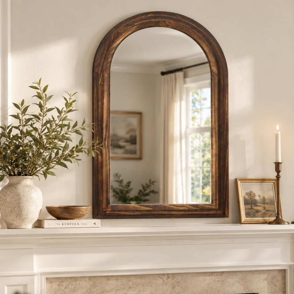 Perfnique Arched Bathroom Mirror, 36"x24" Solid Wood Frame Vanity M...