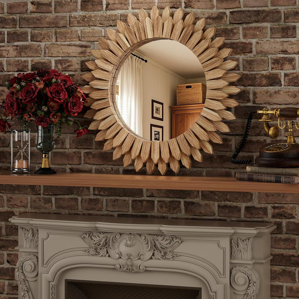 28" Round Sunburst Wooden Mirror Boho Rustic Wall Decor