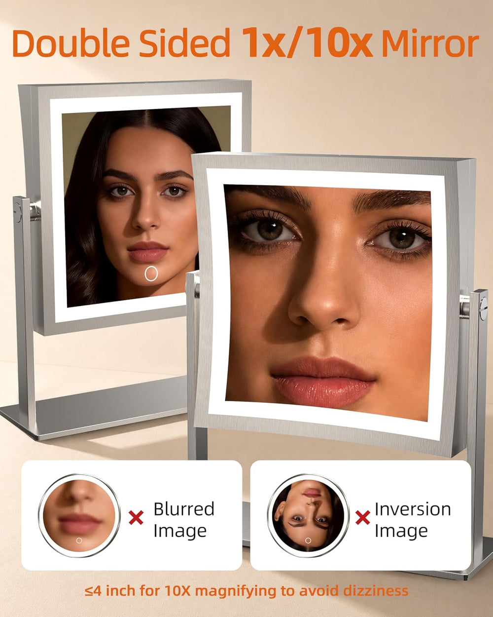 Ruacq Makeup Mirror with Lights, Dual Sided 1X/10X, Brushed Nickel