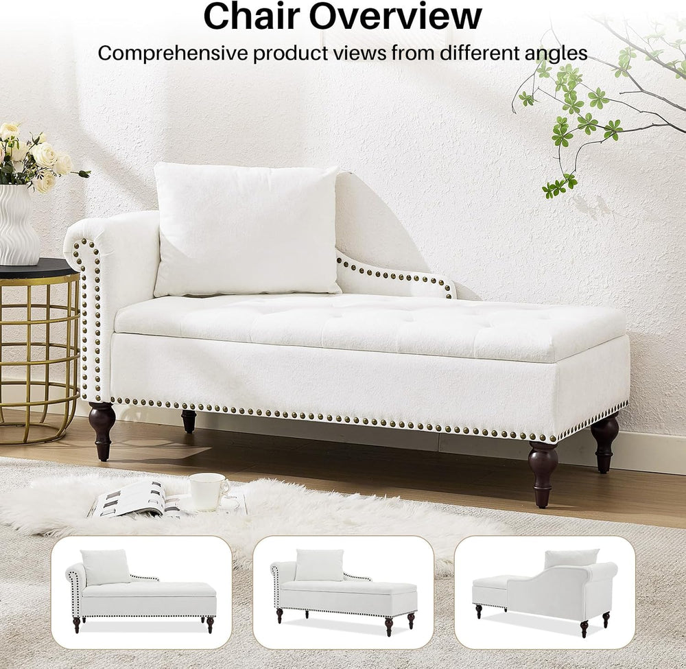 SOFTHION Velvet Chaise Lounge with Storage & Left Armrest, White