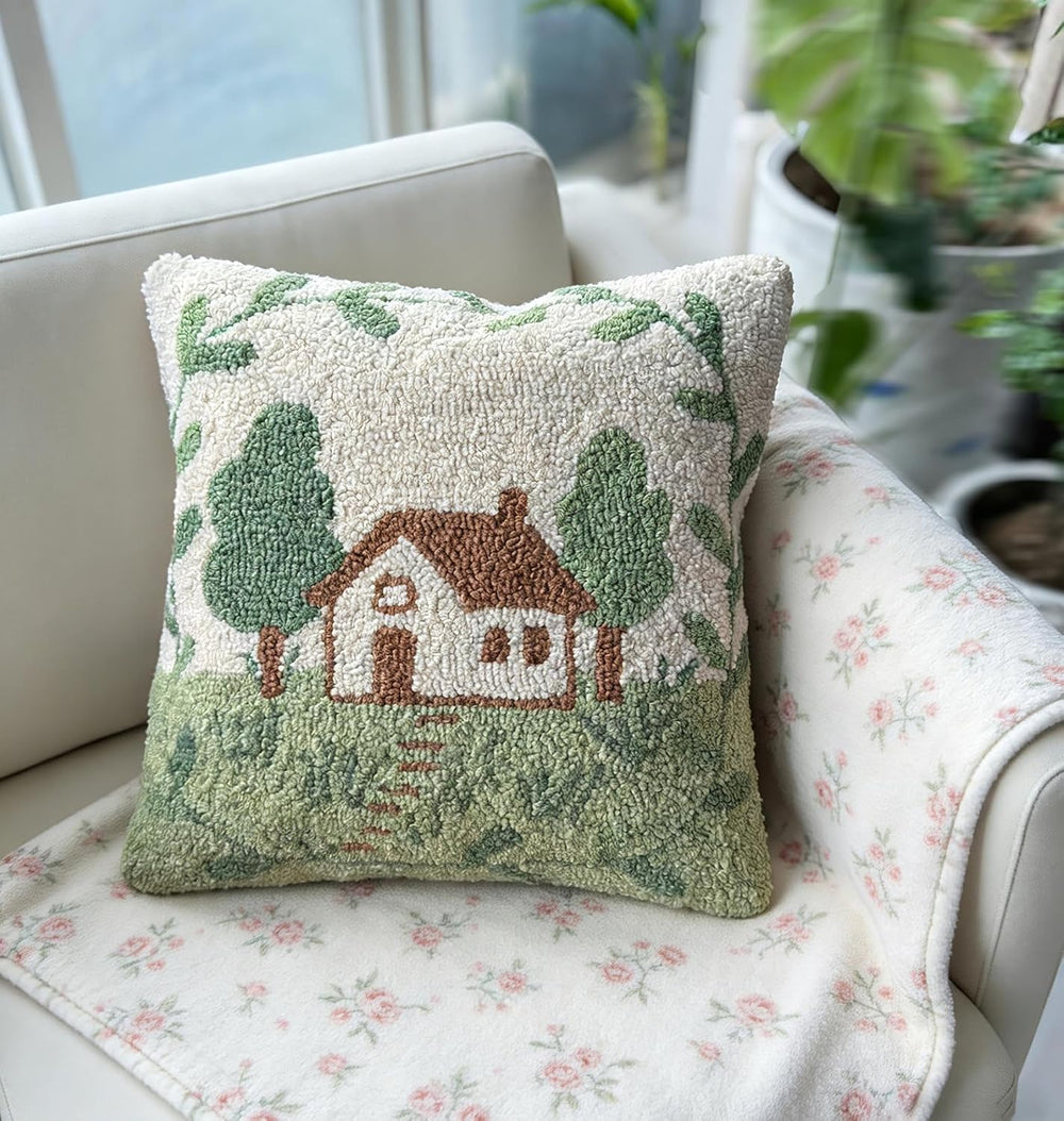 Cottage Tree Scene Hand-Hooked Throw Pillow Cover 16x16
