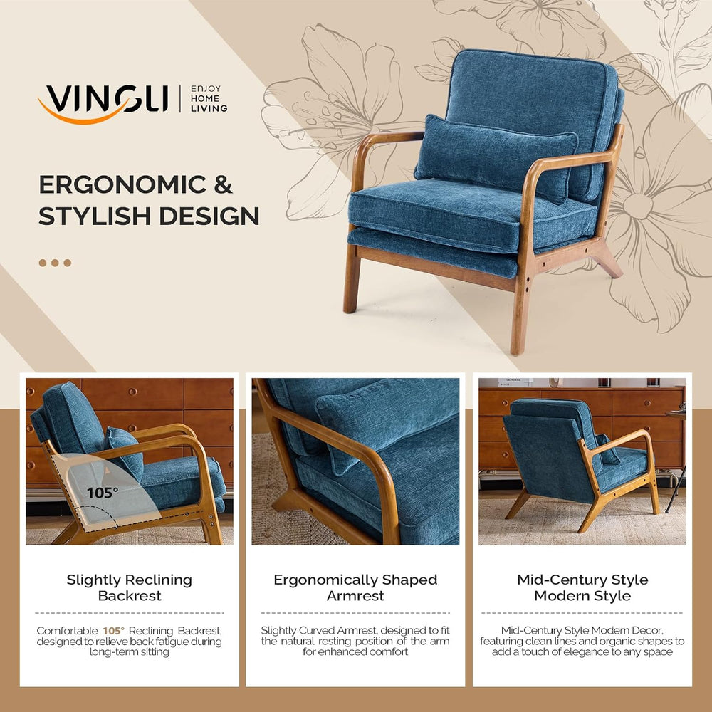VINGLI Chenille Mid-Century Modern Accent Chair Set of 2, Cute Reading Arm Ch...