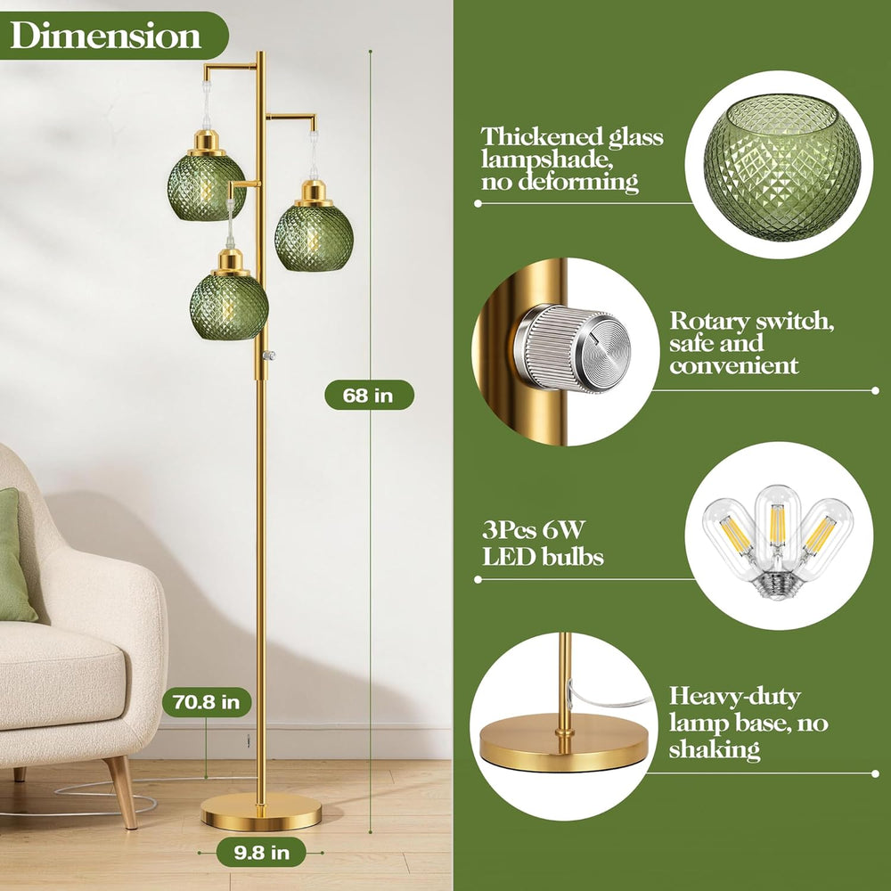 Modern Glass Floor Lamps for Living Room, 3 Lights Standing Lamp, Green