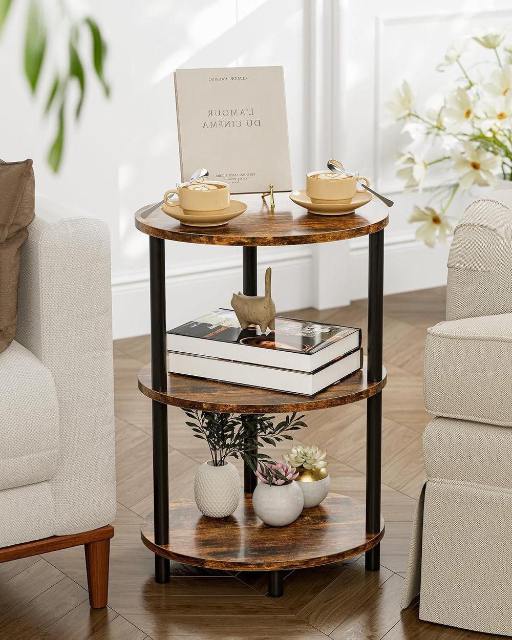 Small Round Side Table - 3-Tier Oval Accent Table for Small Spaces, Rustic Wo...