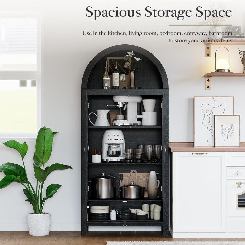 71” Tall Arched Kitchen Pantry Cabinet, Hutch Storage, Black