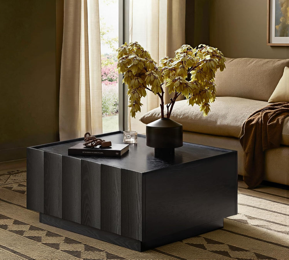 win2win Square Coffee Table with Storage, Wave Design, Black