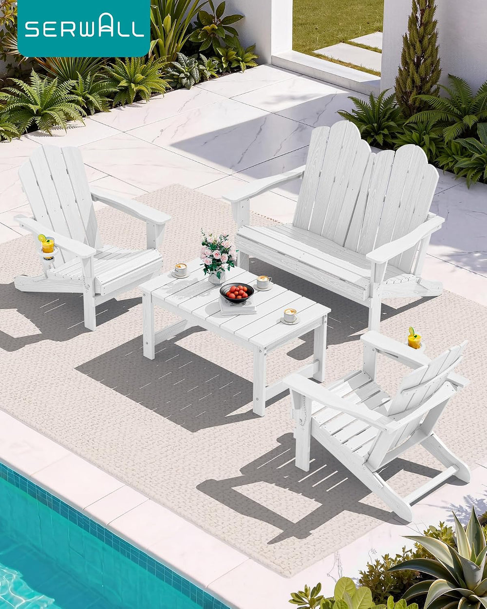 SERWALL HDPE Outdoor Coffee Table with Umbrella Hole, White