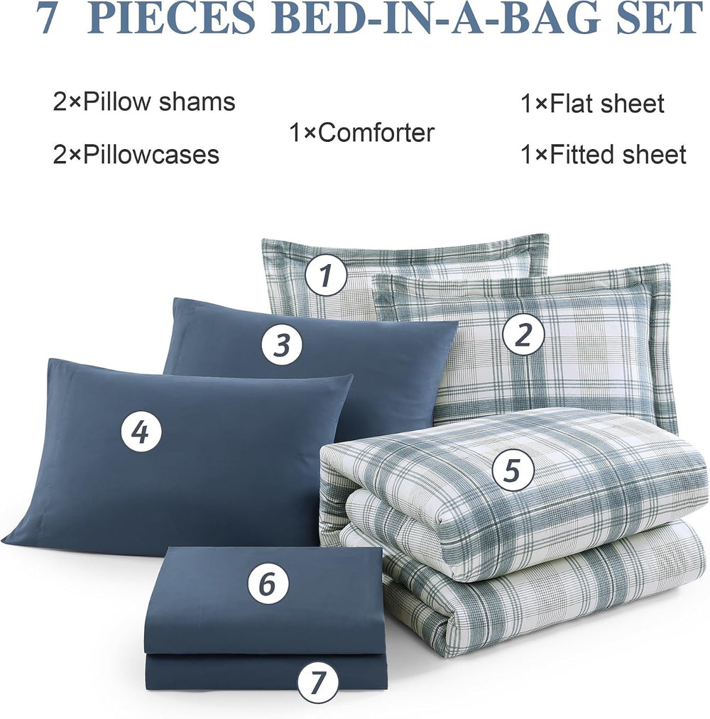 Plaid Full Size Comforter Set Blue Grey 7 Pieces Farmhouse Bed in a Bag