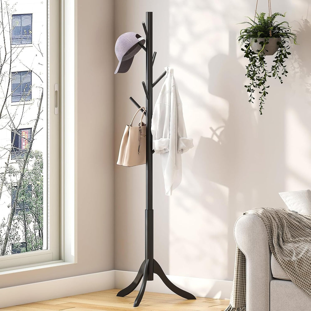 kiplant Black Coat Rack Stand, Bamboo Wood Freestanding Coat Tree with 8 Hook...
