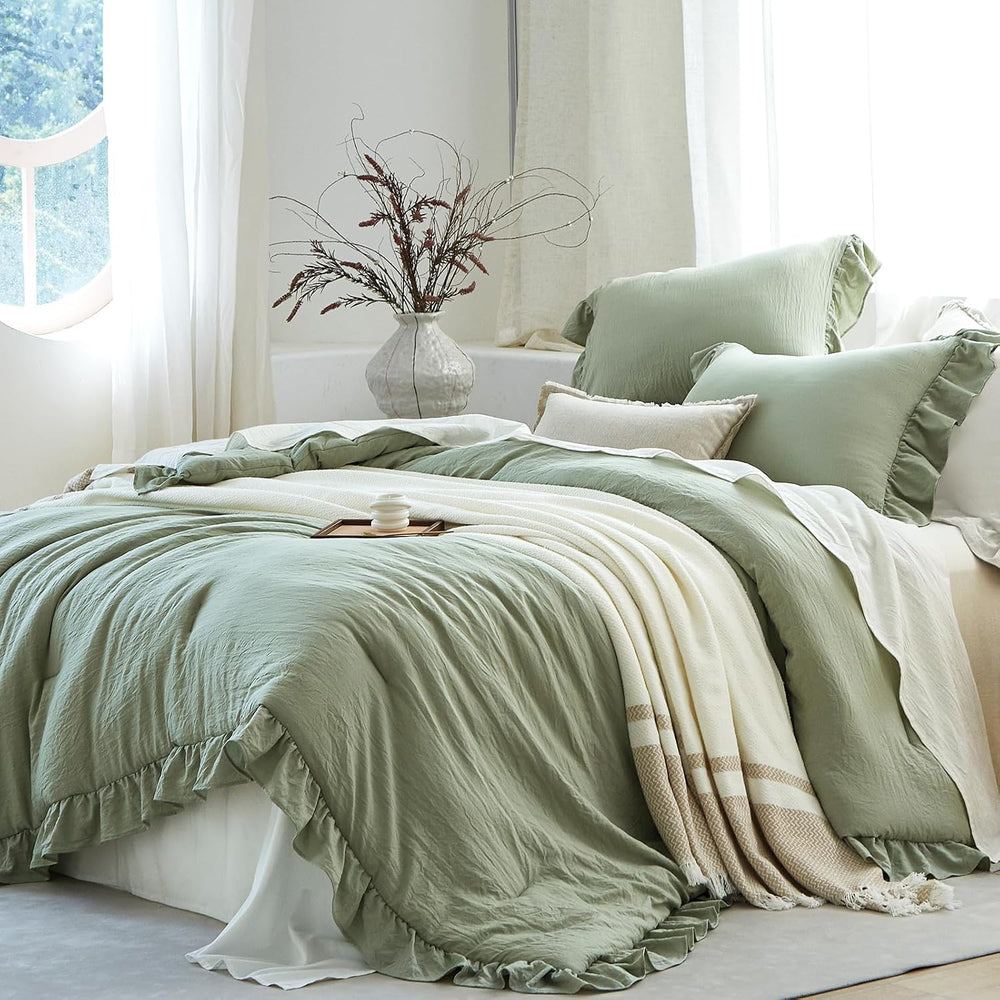 Sage Green Ruffle Comforter Set King Shabby Chic Bedding Set