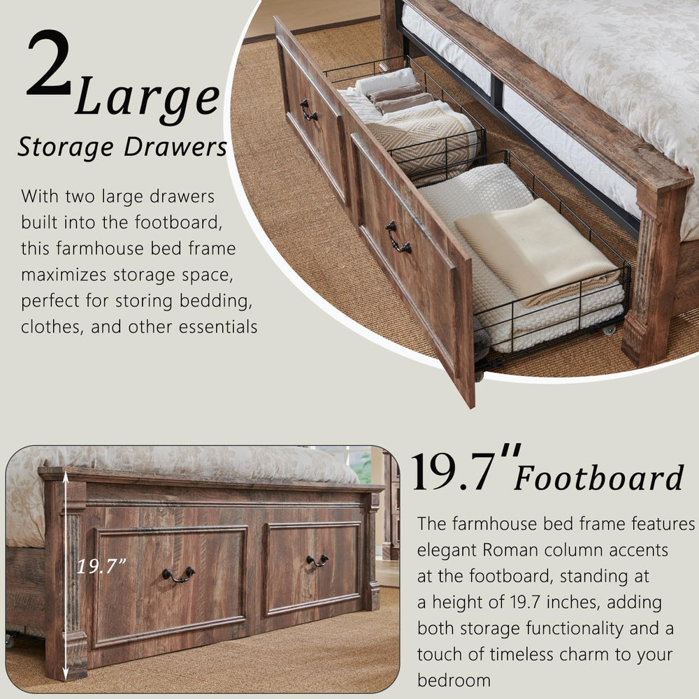 Aitjunz Farmhouse Queen Size Bed Frame w/51 Tall Headboard, Light Brown