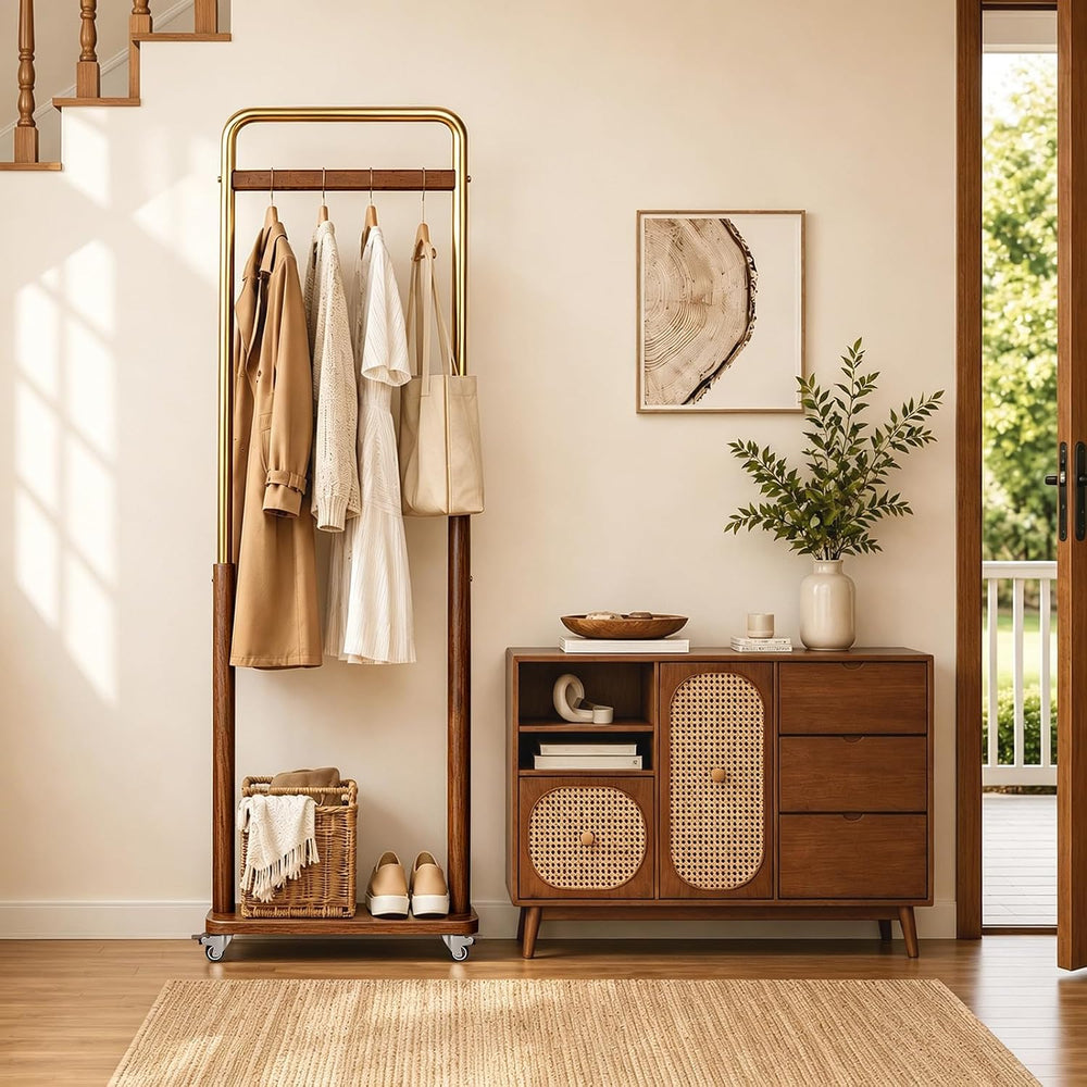 Taitiy Solid Wood Clothes Rack on Wheels for Bedroom, Living Room