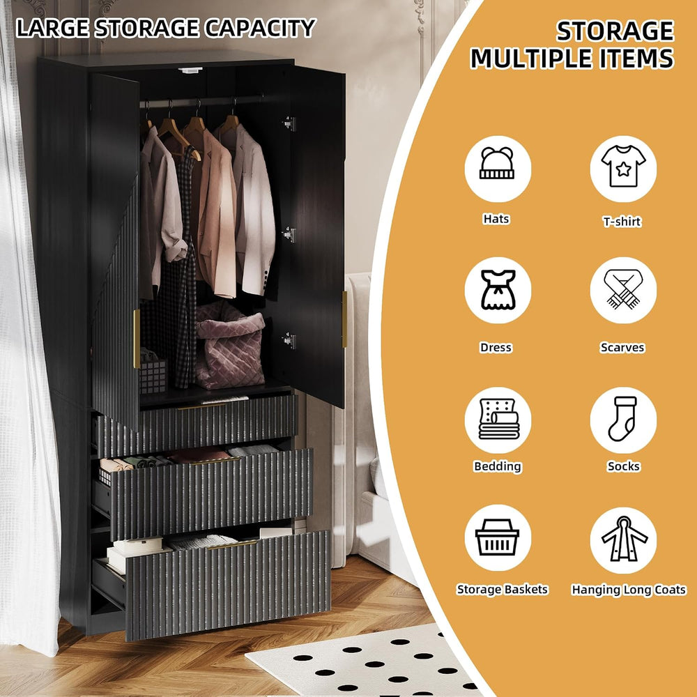 TOKSOM 70" Wardrobe Armoire Wooden Closet with 2 Doors and 3 Drawers, Be...
