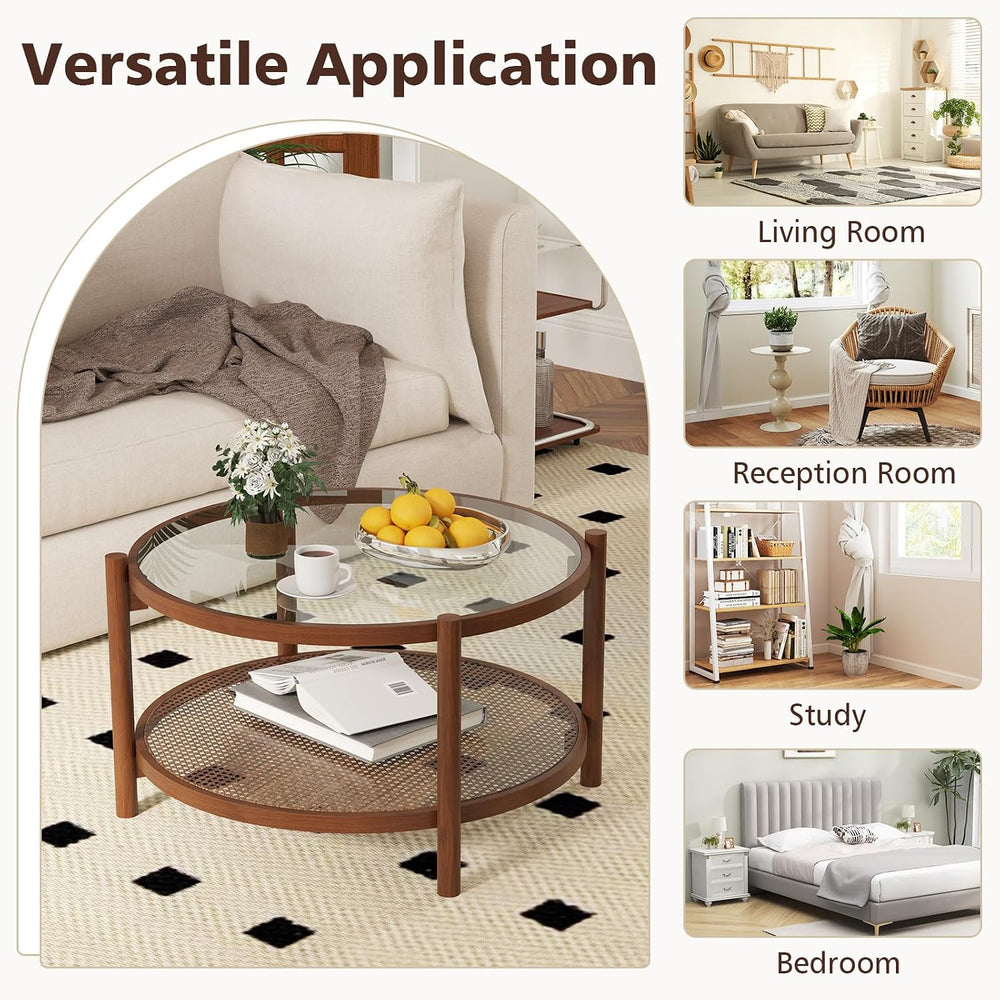 GOFLAME Rattan Coffee Table, Boho Glass Center Table with Solid Wood Frame, T...