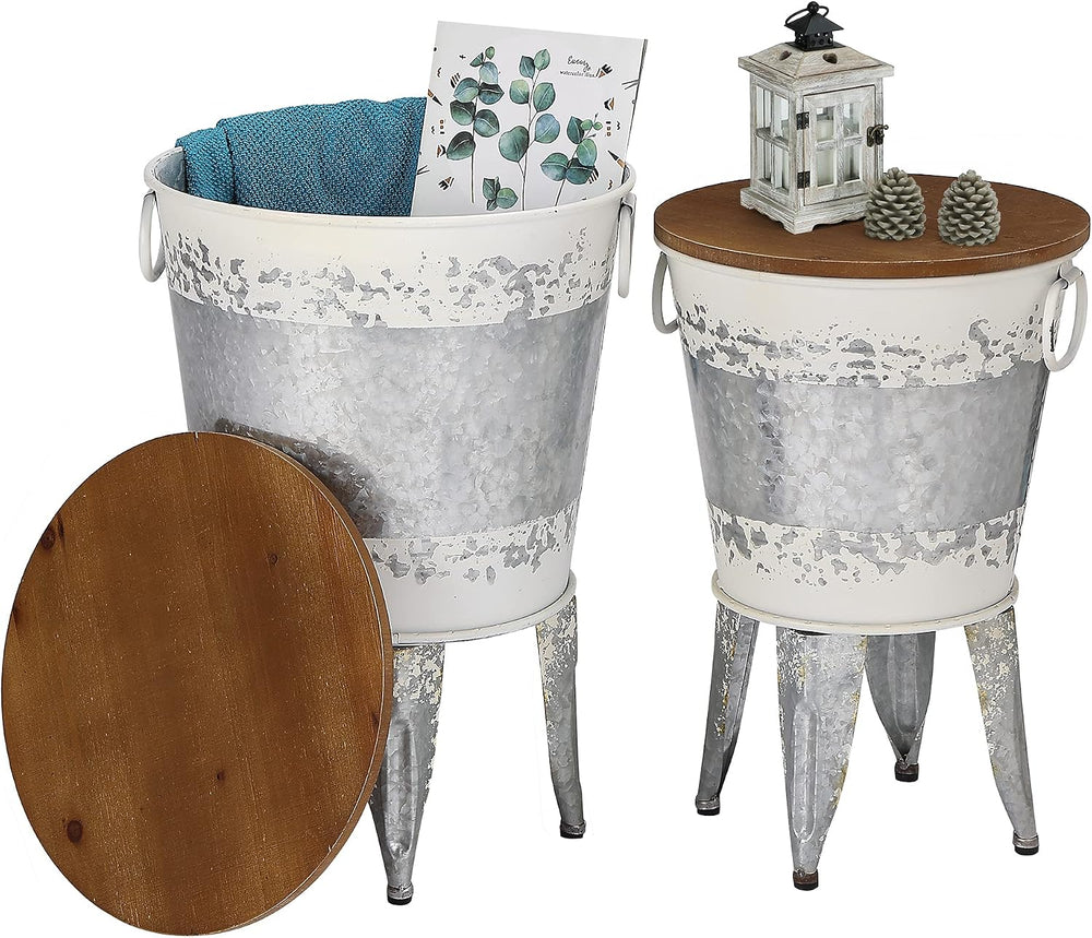 RUSTOWN Farmhouse Side Tables Set of 2, Galvanized Metal Bucket End Table