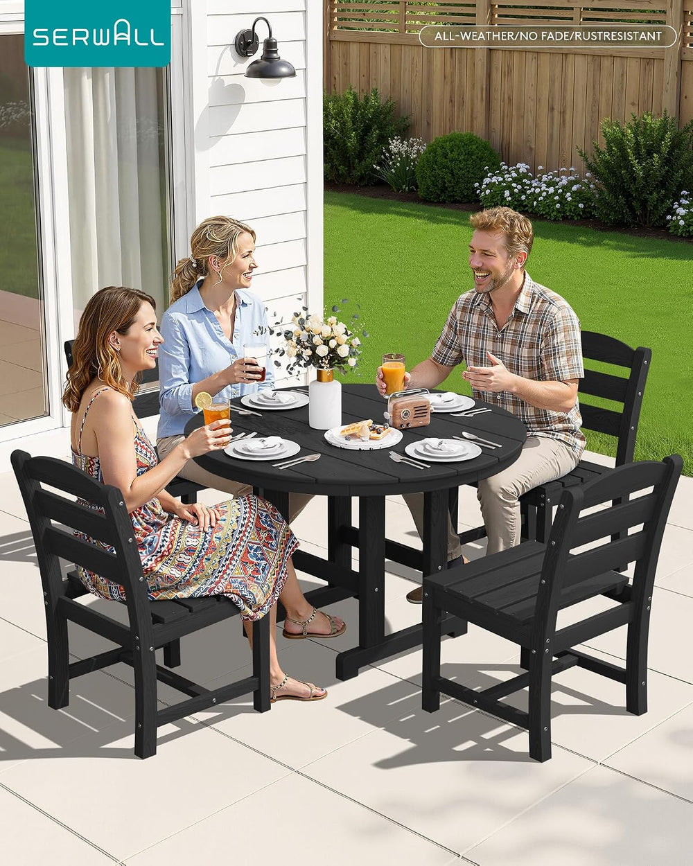 SERWALL 5-Piece Patio Dining Set, 45" Table & 4 Armless Chairs, Black