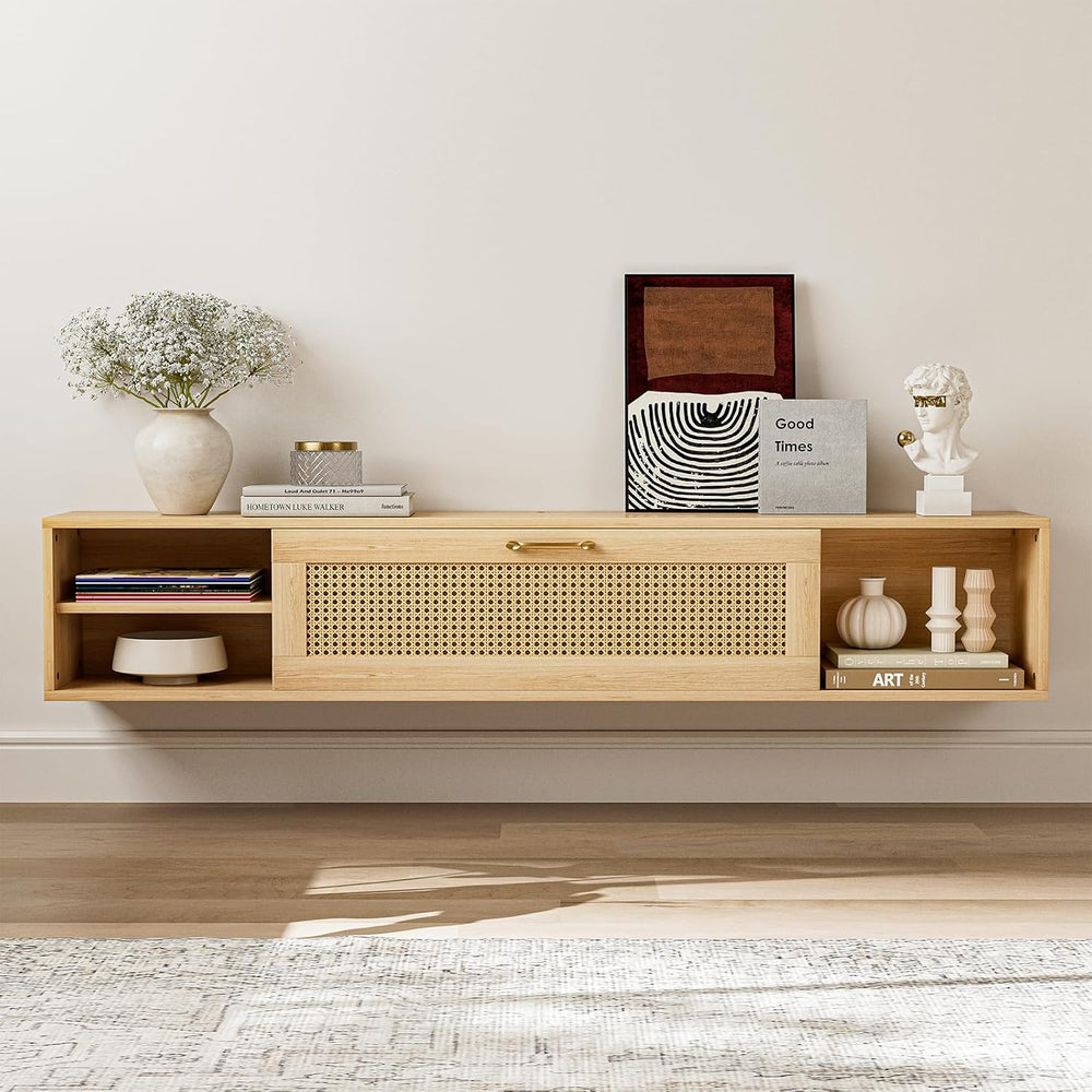IKIFLY Floating TV Stand with Rattan Door and Large Storage TV Shelfs, Wood