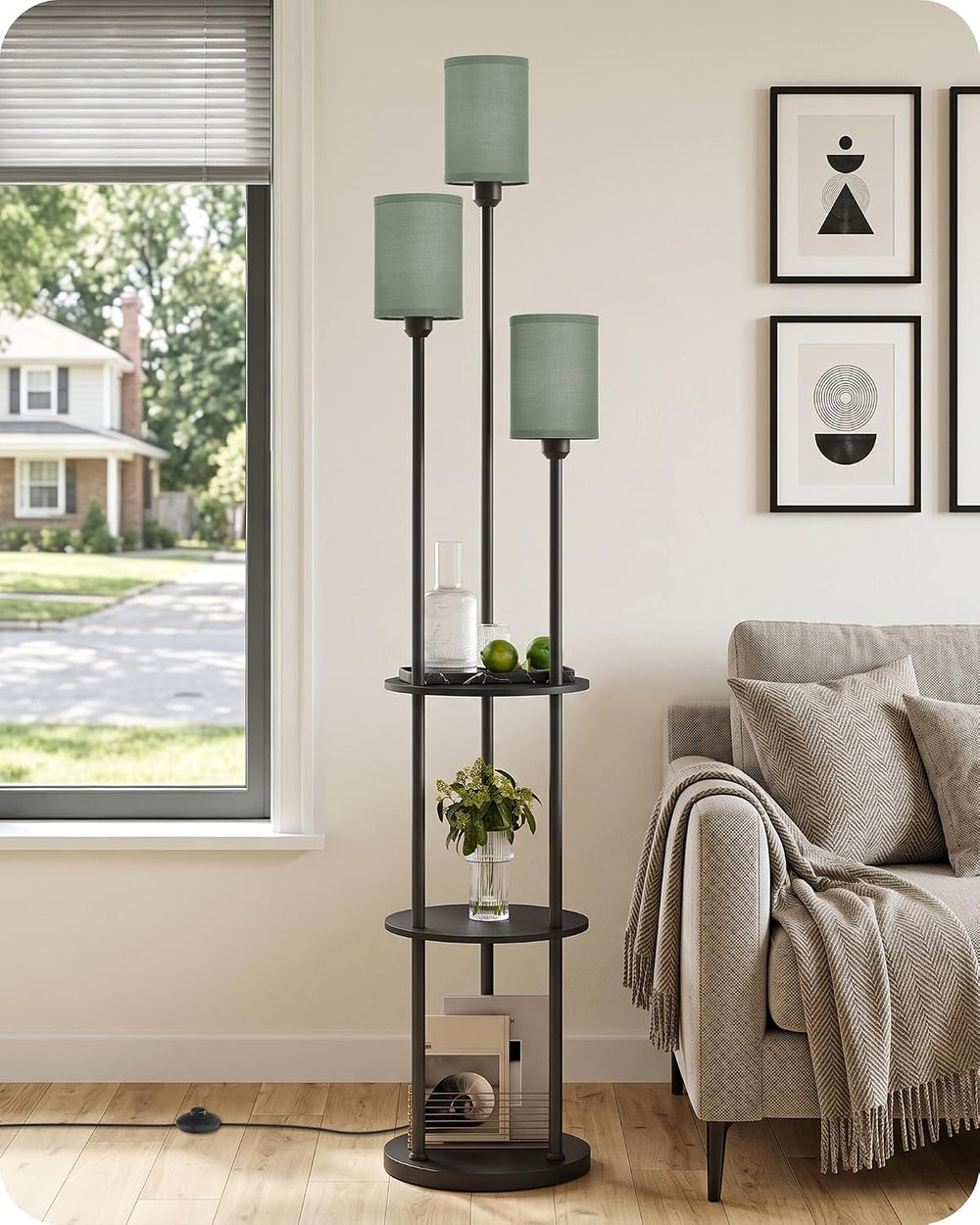 Floor Lamp with Shelves, Modern Floor Lamp with 3 Linen Shades and Foot Switc...