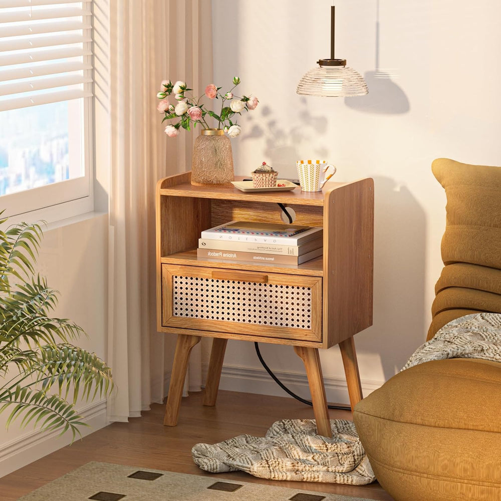 Lerliuo Rattan Nightstand with Charging Station, Side Table with Drawer