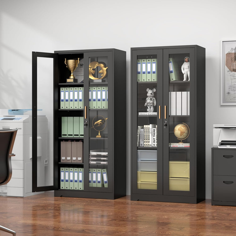 Polup 71" Black Metal Glass Display Cabinet with Security Lock