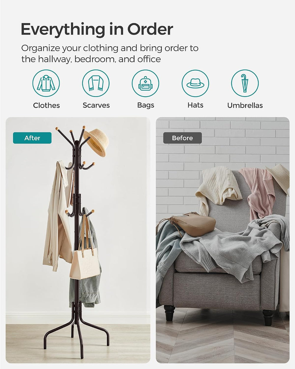 SONGMICS Coat Rack Freestanding, Metal Coat Rack Stand with 12 Hooks and 4 Le...