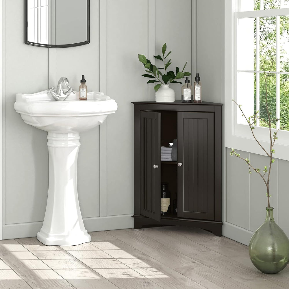 Spirich Corner Bathroom Cabinet with Doors and Adjustable Shelf, Espresso
