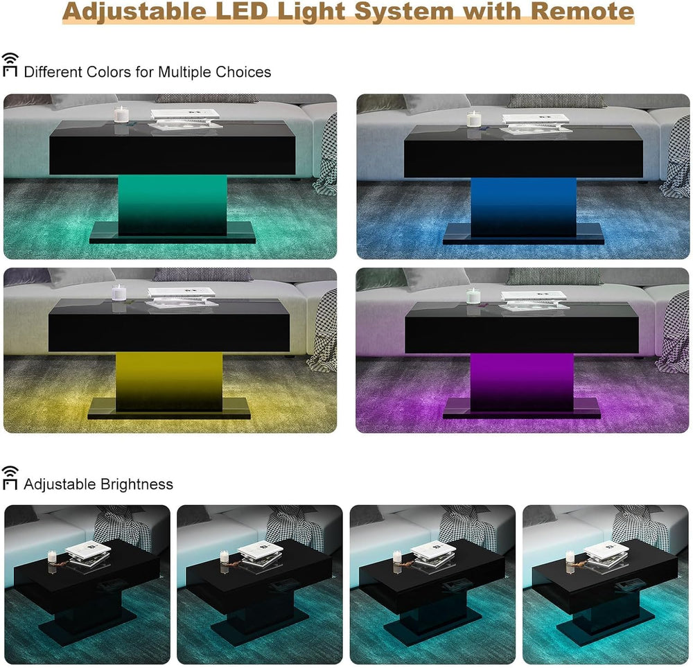 HedoAjim Black Led Coffee Table for Living Room, Rectangular Center Table