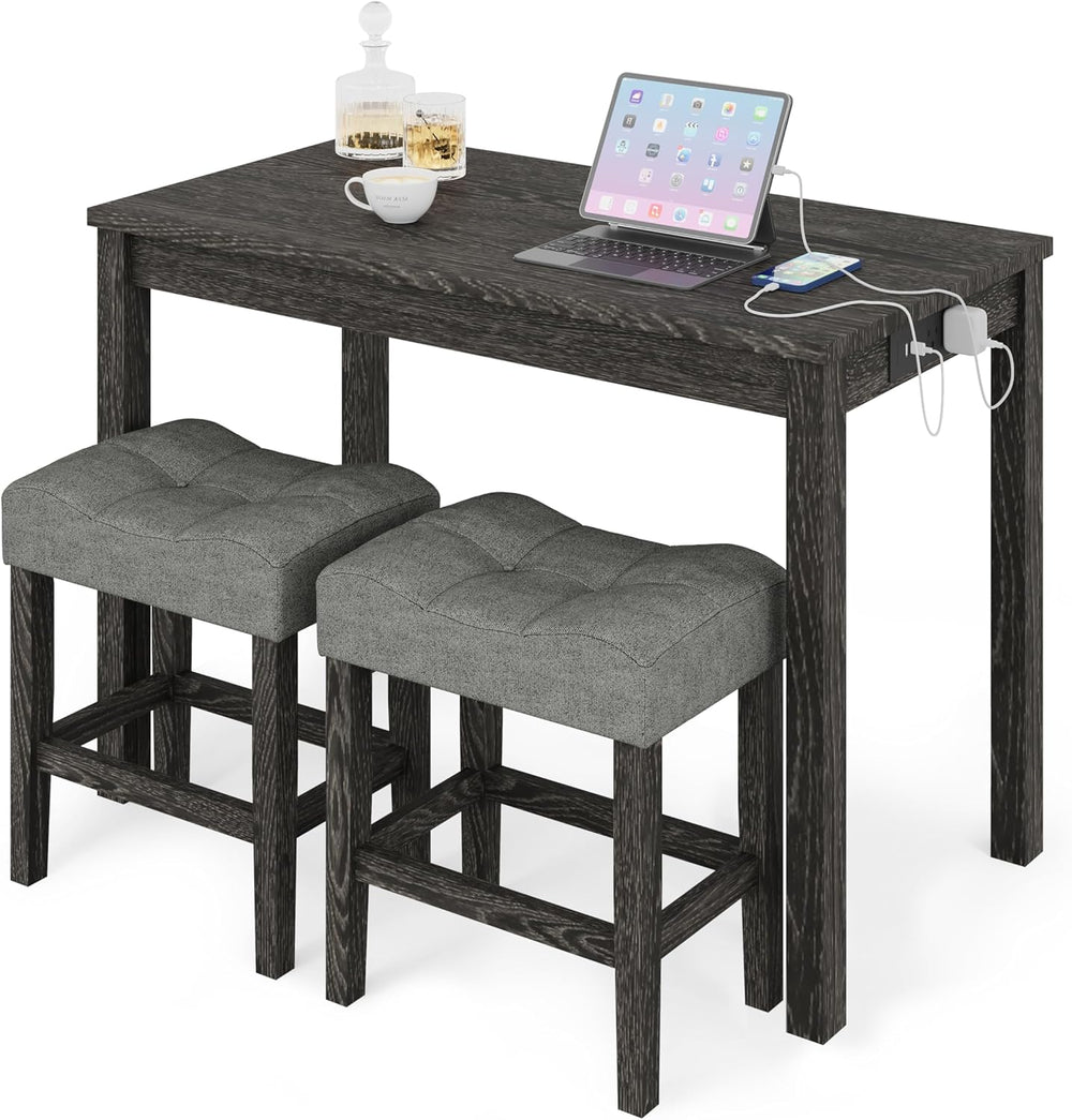 allamazing 3-Piece Counter Height Bar Table Set with Socket and 2 Fabric Padd...