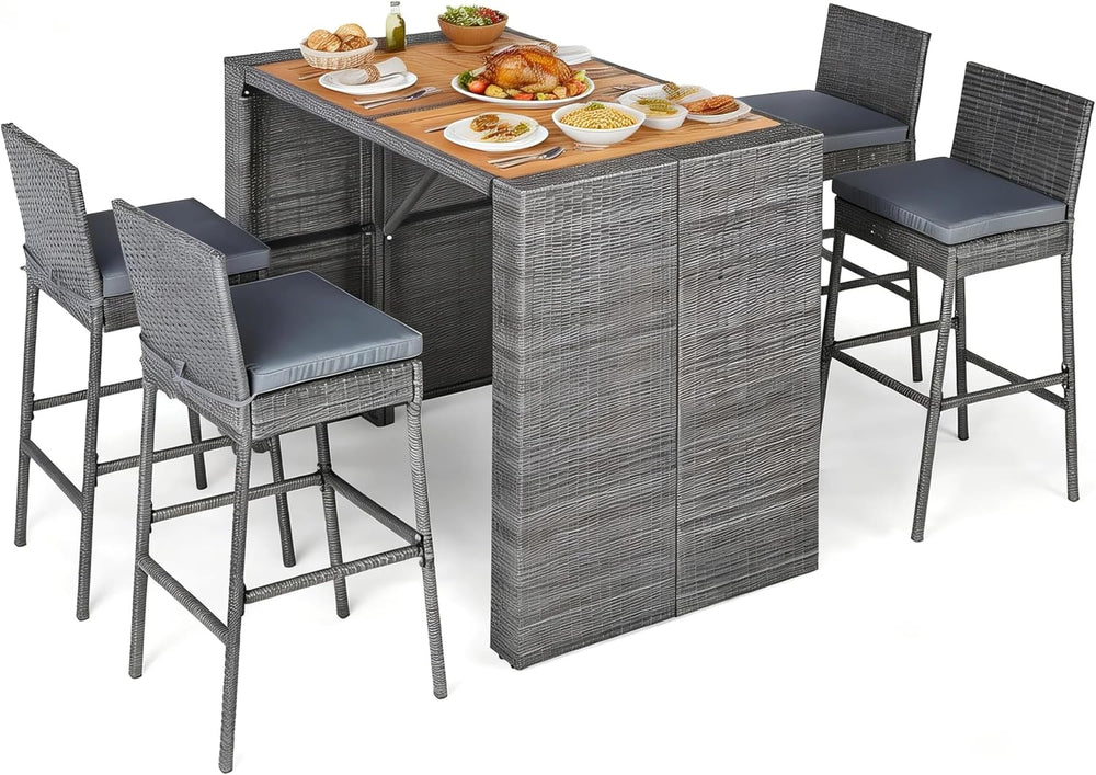 RELAX4LIFE 5-Piece Outdoor Bar Set - Wicker Rattan Bar Height Dining Table