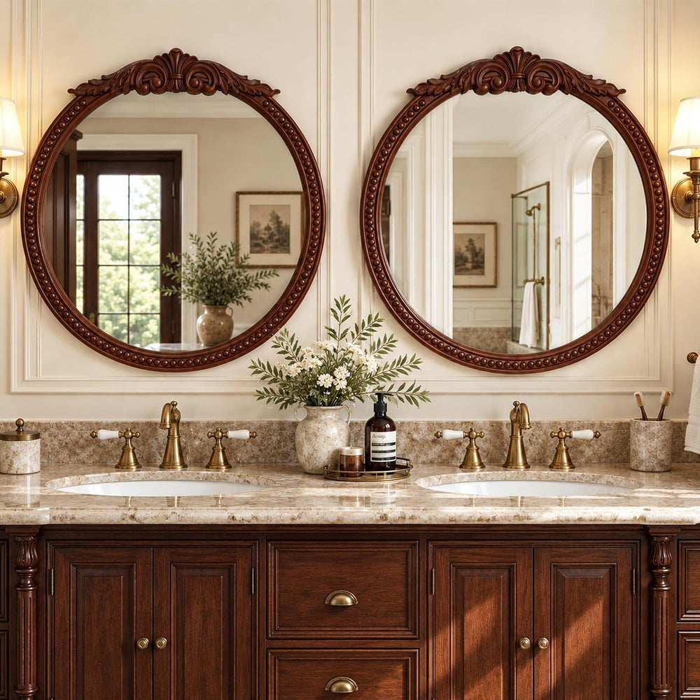 30" Rustic Round Wood Mirror with Beads Walnut Reddish Brown