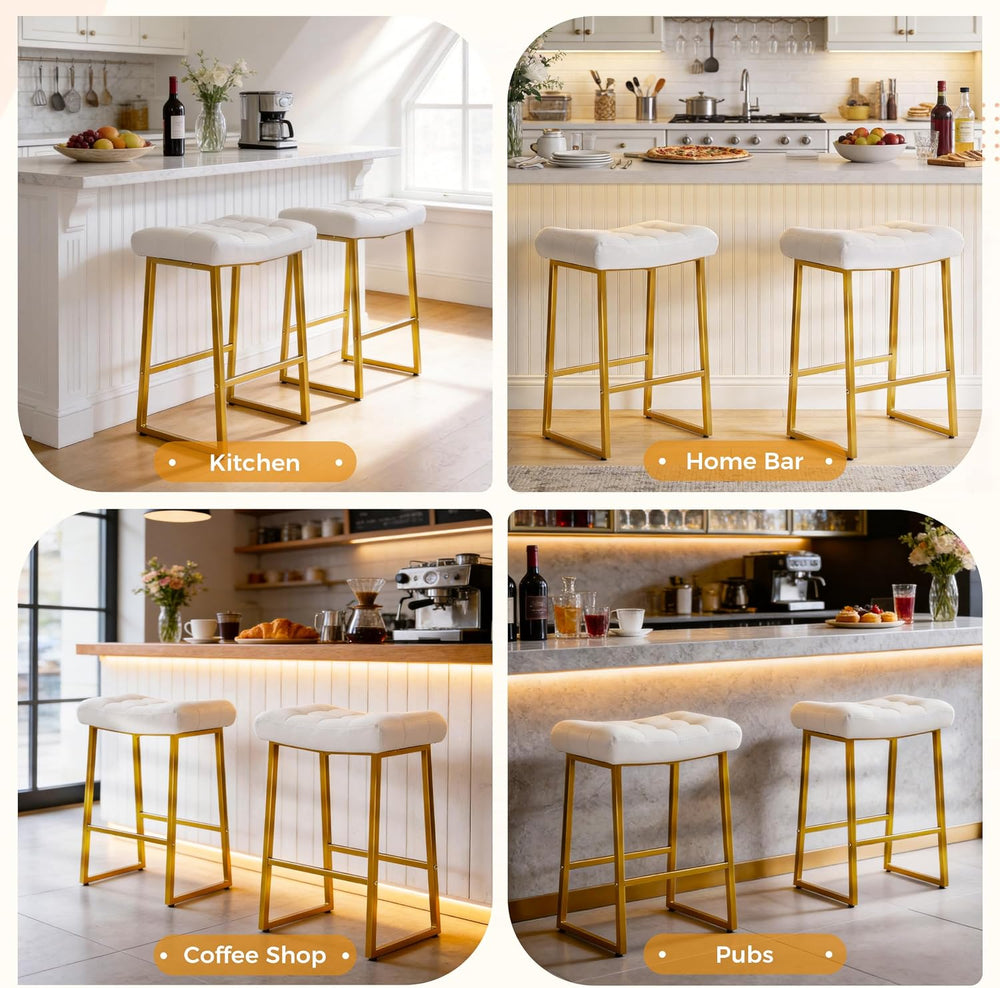 RNKSFX White & Gold Counter Height Bar Stools Set of 3 for Kitchen Counte...