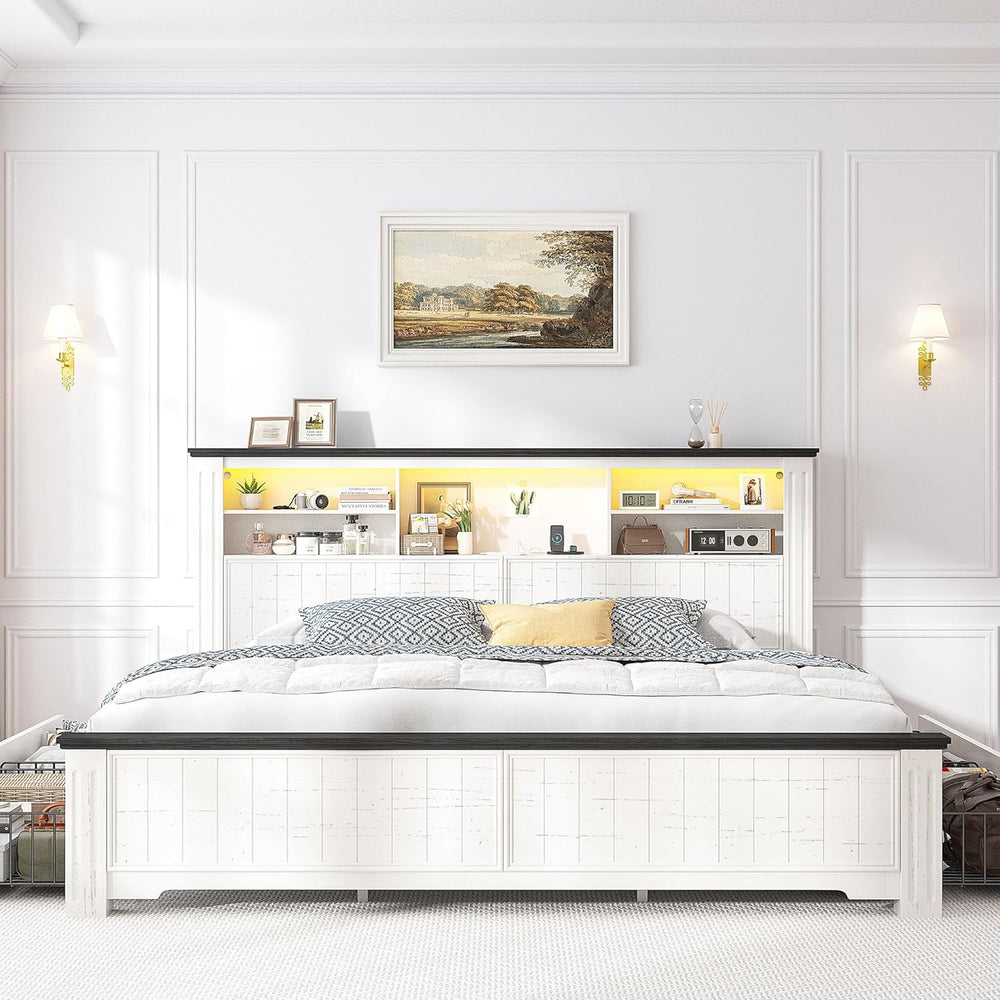 EnHomee King Size Bed Frame and Headboard & 4 Storage Drawers,White