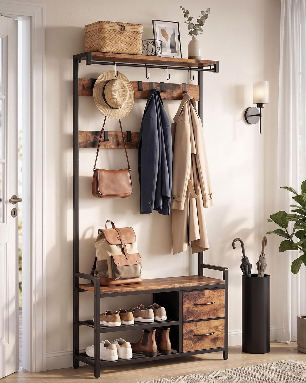 Hall Tree with Bench and Shoe Storage, 34.6" Entryway Coat Rack