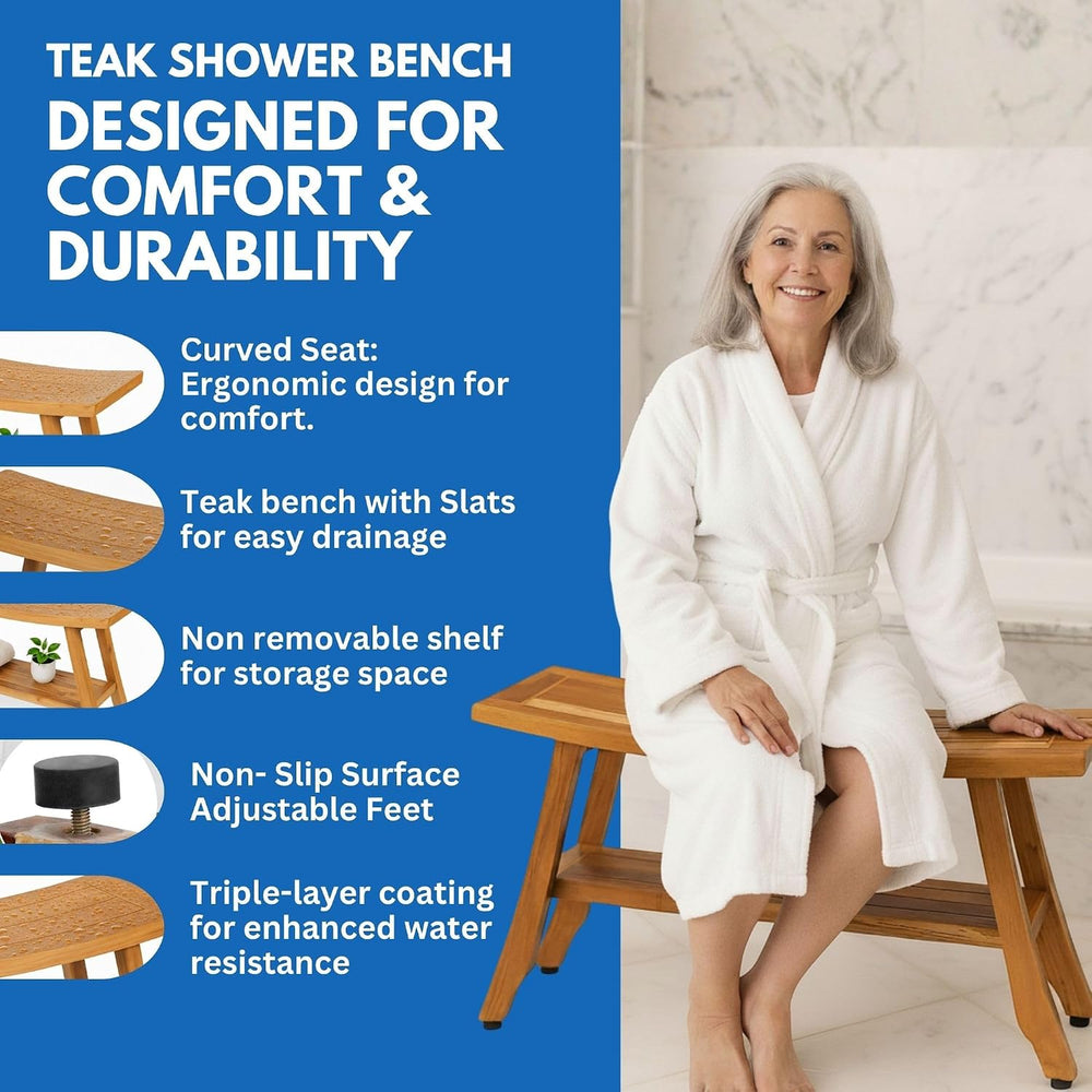 EcoDecors Satori 34-Inch Natural Teak Shower Bench, Waterproof