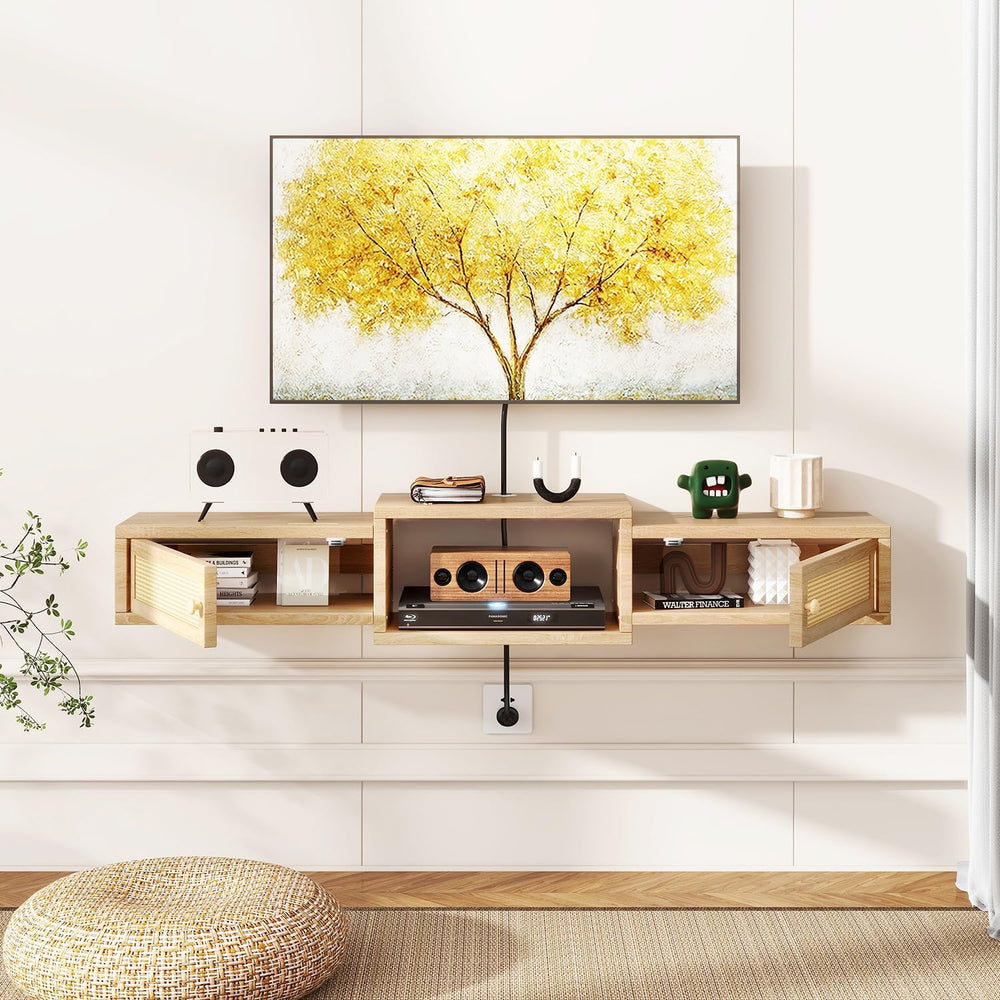 IBUYKE Modern Rattan Floating TV Stand with Doors,Wall Mounted TV Shelf for T...