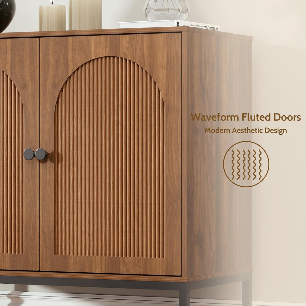 Yechen Modern Fluted Sideboard Buffet Cabinet with Storage, Walnut