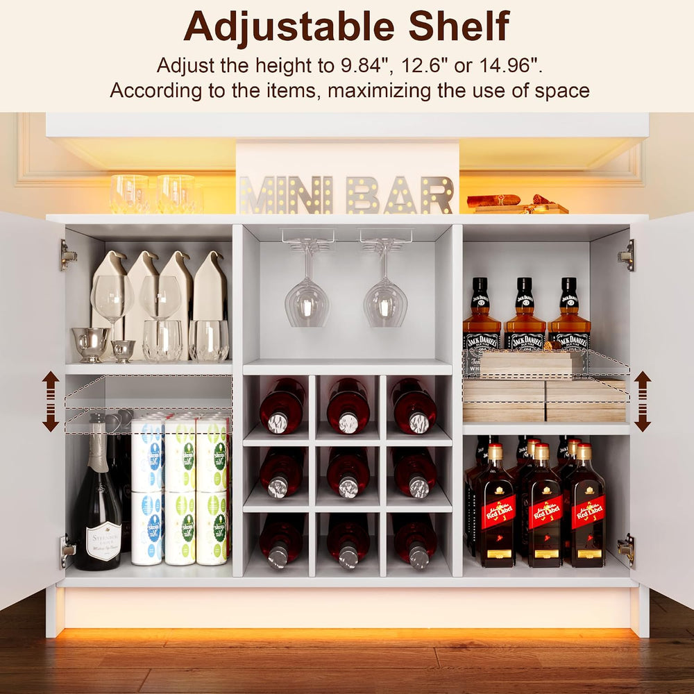 DreamDashio White Wine Cabinet, Fluted Coffee Bar with LED & Outlets