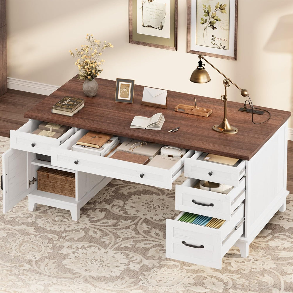 IDEALHOUSE 60" Farmhouse Home Office Executive Computer Desk with Drawers