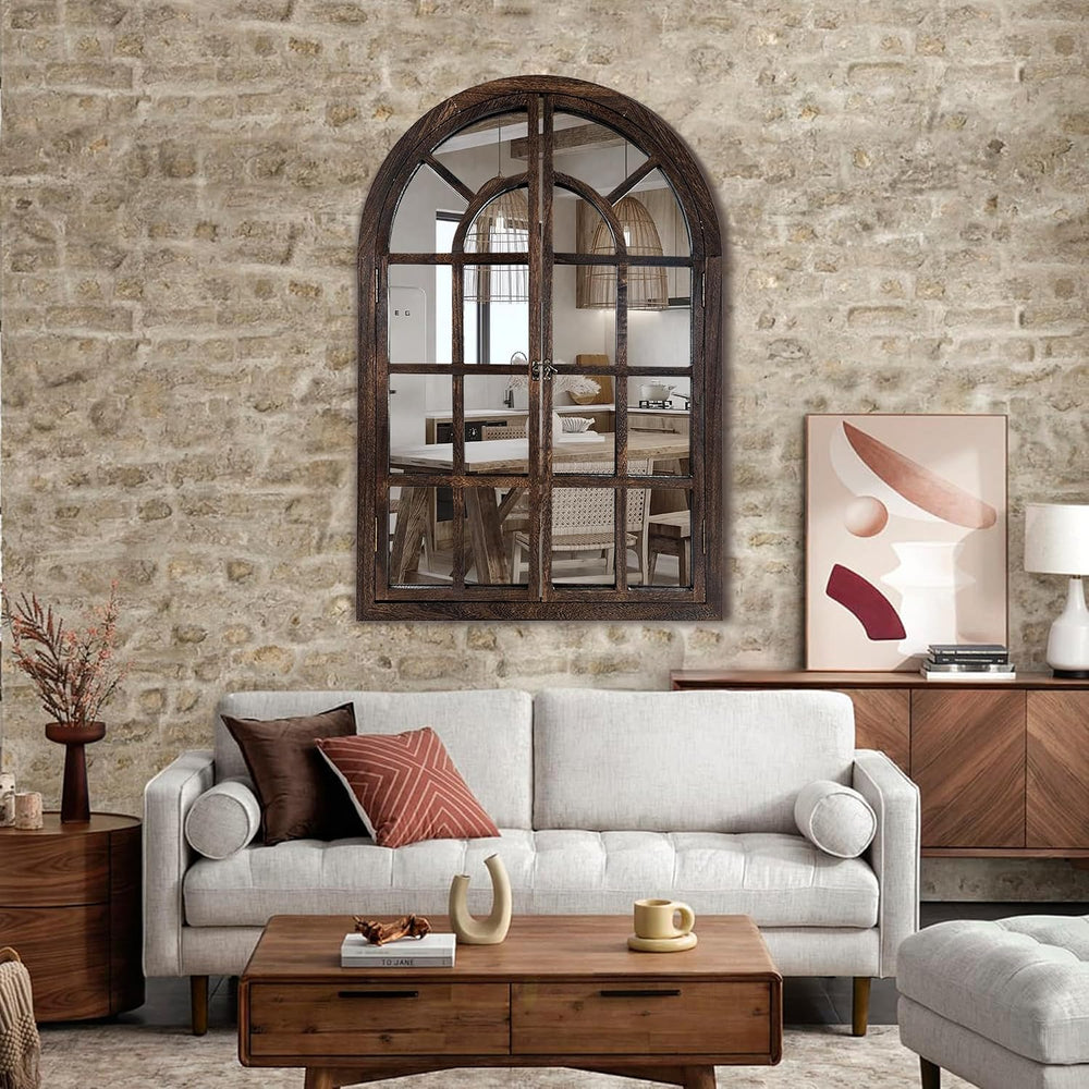 AMOISE Arched Wall Mirror with Wood Window Pane Frame, 24 x 36 Inch, Brown