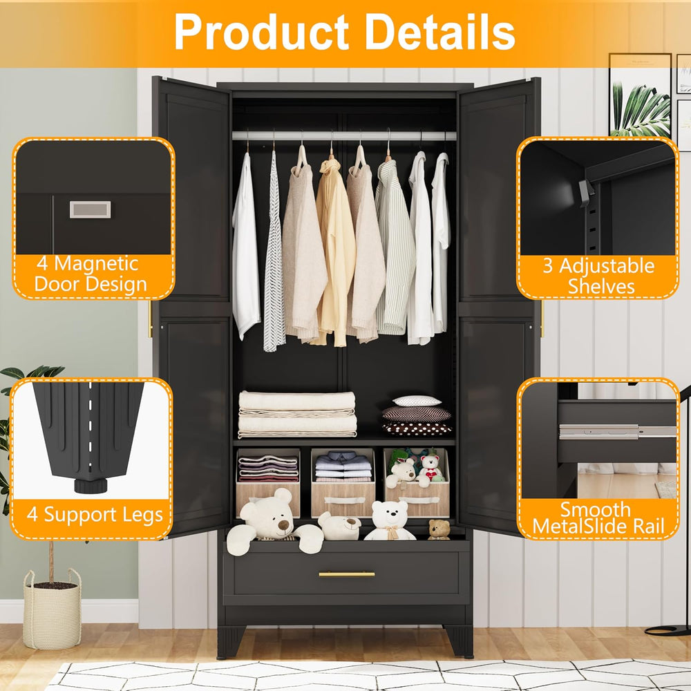 Ckzbx 71" H Metal Armoire Wardrobe Closet with Drawer, Adjustable Shelf,...