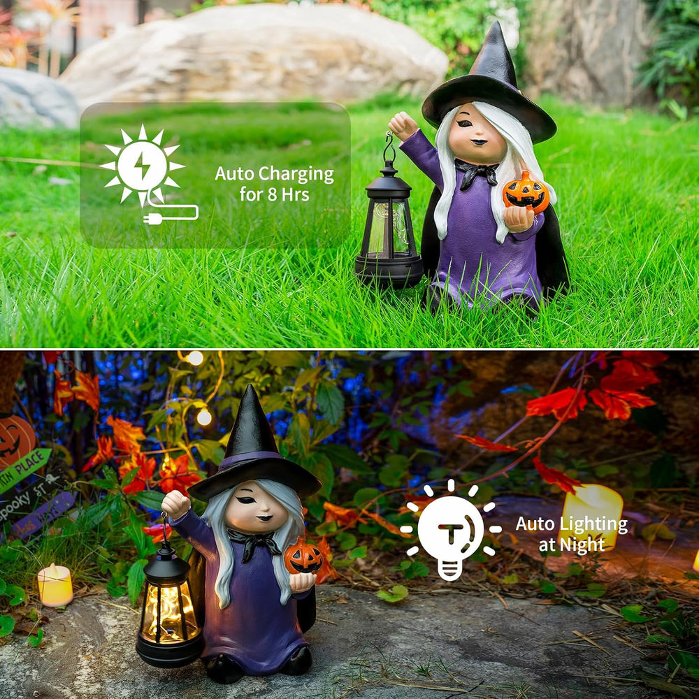 Halloween Witch Gnome Garden Statues with Pumpkin Solar Witch Gnome with LED ...