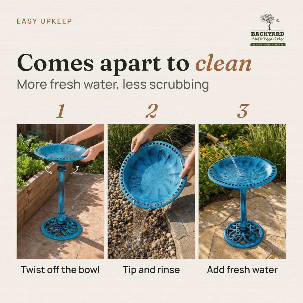 Backyard Expressions Blue Bird Bath for Outside, 28 in Pedestal Birdbath